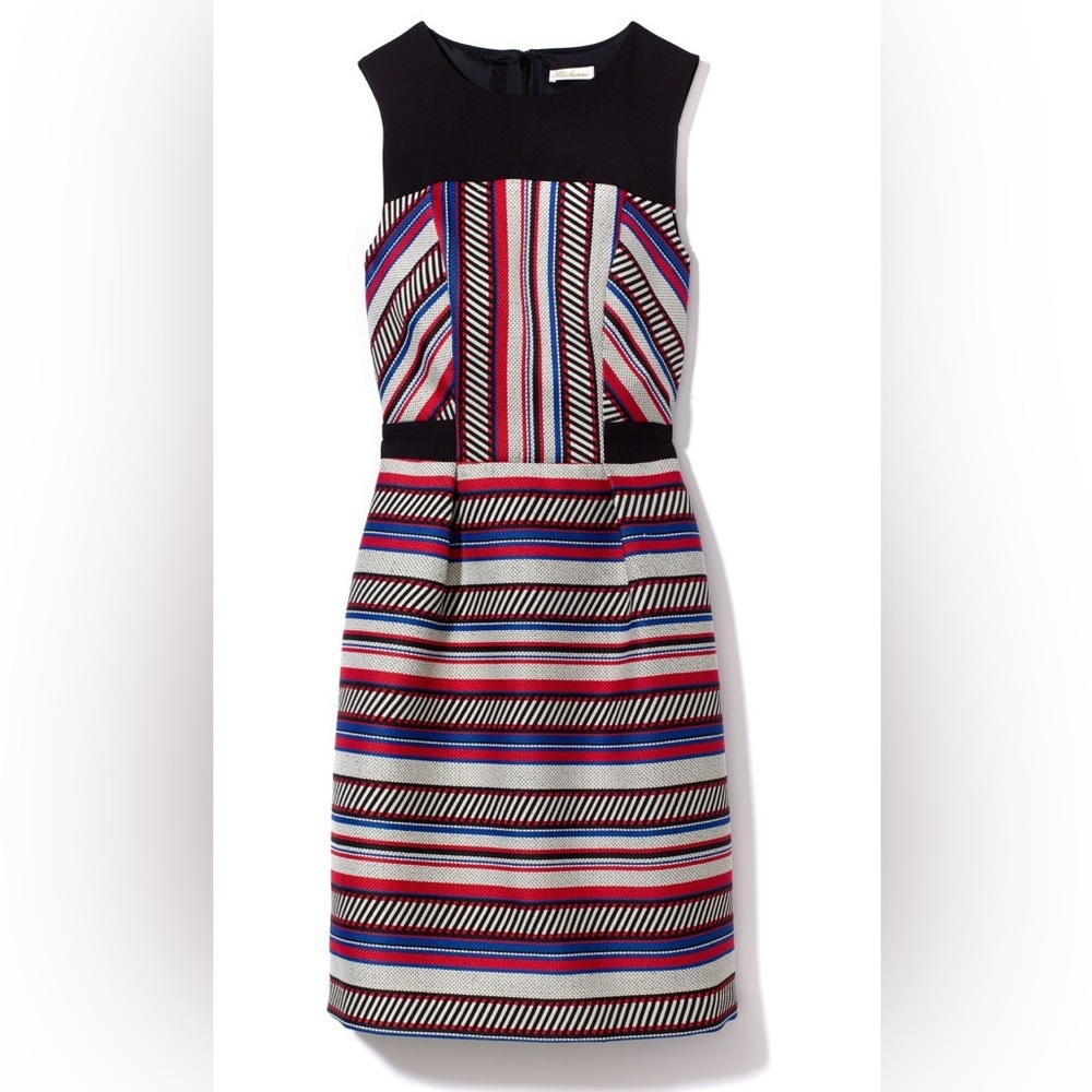 Shoshanna Red‎ Blue Embroidered Geometric Striped Structured Sheath Dress